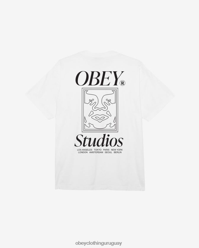 OBEY blanco hombres camiseta de peso pesado con icono de estudios 28XT8J376