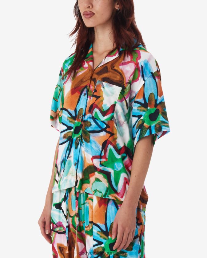 OBEY aguamarina múltiple mujer camisa con flores dibujadas con marcador 28XT8J567
