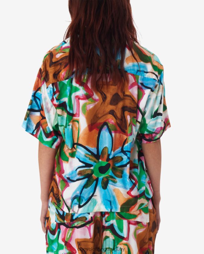 OBEY aguamarina múltiple mujer camisa con flores dibujadas con marcador 28XT8J567