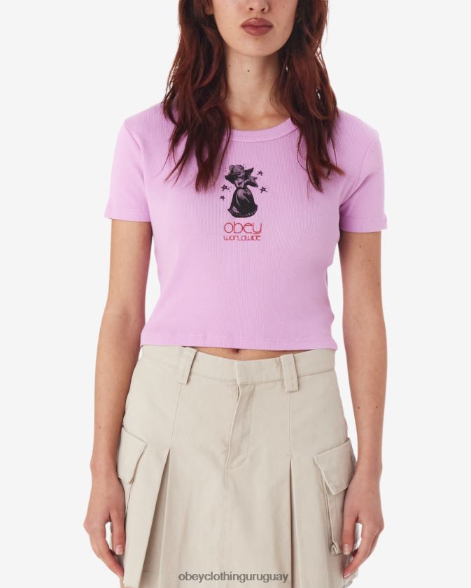 OBEY lavanda pastel mujer camiseta corta de canalé con ángel de semitono 28XT8J603