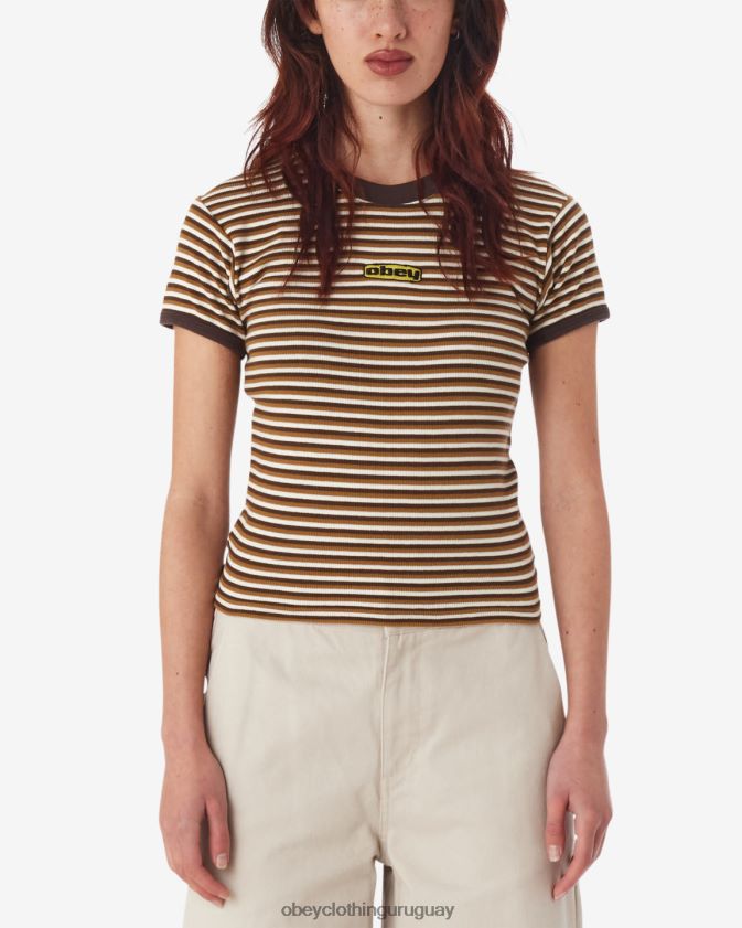 OBEY marrón oscuro multicolor mujer camiseta ringer para bebé con rayas de ciprés 28XT8J556