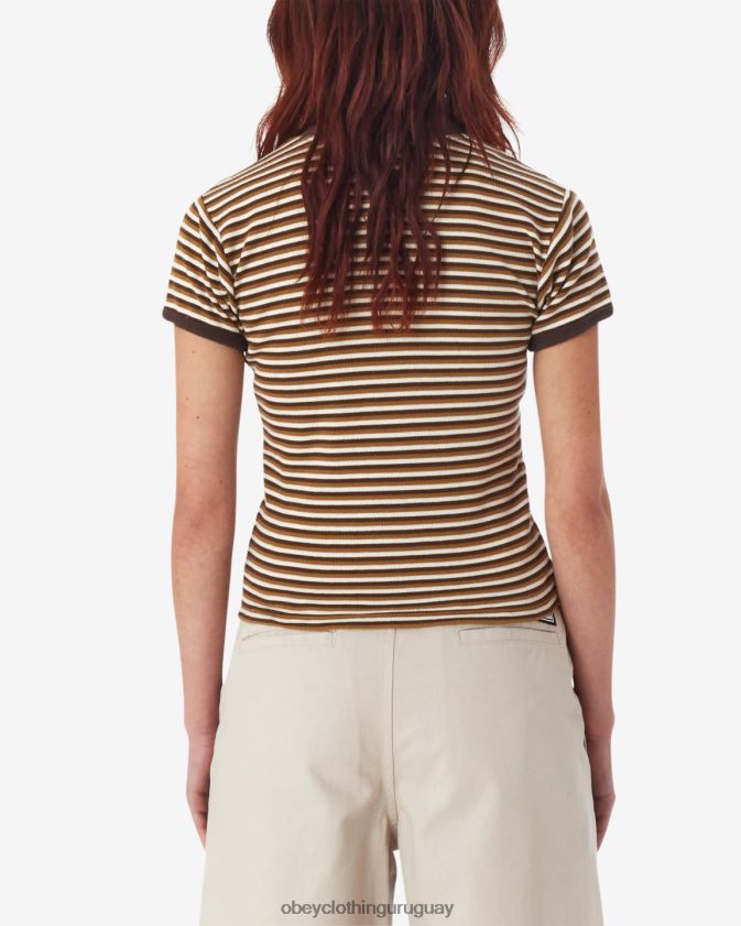OBEY marrón oscuro multicolor mujer camiseta ringer para bebé con rayas de ciprés 28XT8J556
