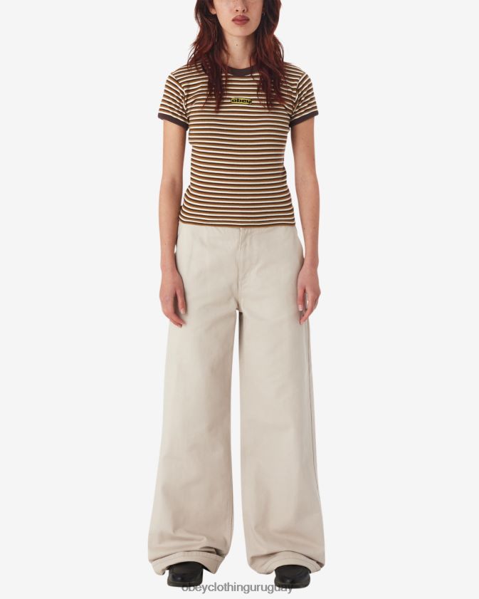 OBEY marrón oscuro multicolor mujer camiseta ringer para bebé con rayas de ciprés 28XT8J556