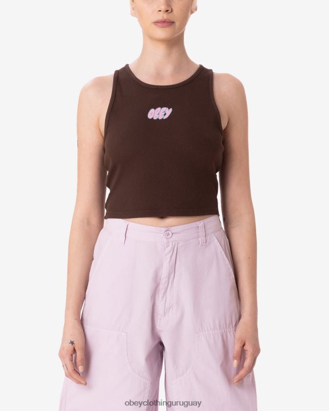 OBEY marron oscuro mujer tanque de costilla tipo burbuja 28XT8J623