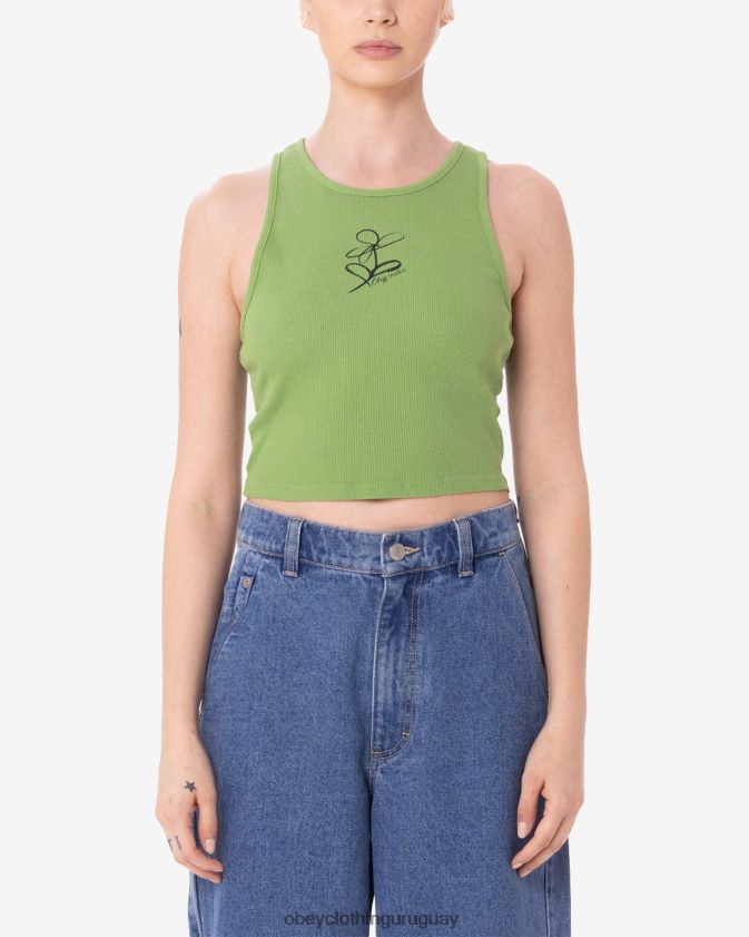 OBEY verde picante mujer tanque de costilla de doodle de flor de Sharpie 28XT8J625